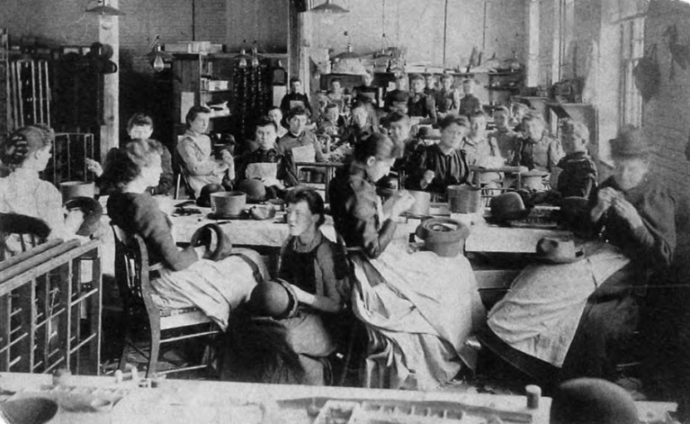 This photograph shows women working in a mill in southern Maine.