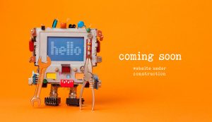 Web site under construction Coming Soon template page. Toy robot with hand wrench and pliers. Orange background.