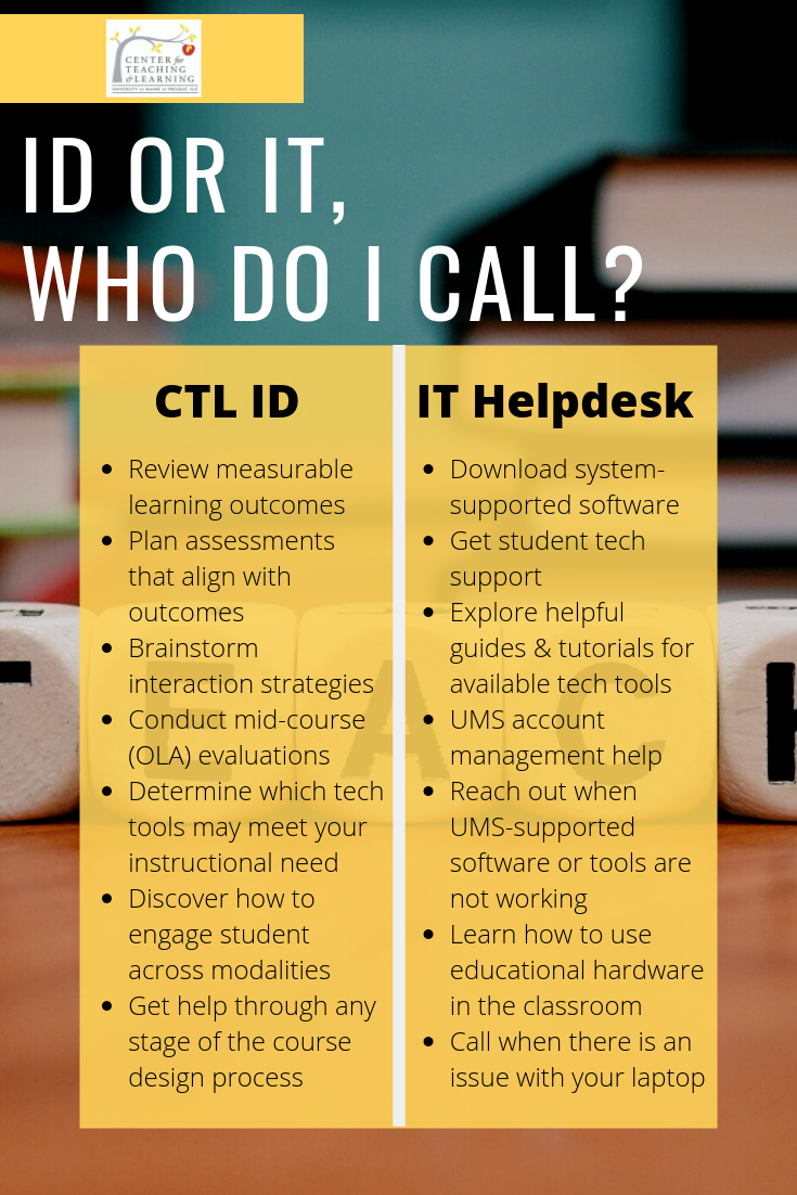 IT vs ID Call ID for: Review measurable learning outcomes Plan assessments that align with outcomes Brainstorm interaction strategies Conduct mid-course (OLA) evaluations Determine which tech tools may meet your instructional need Discover how to engage student across modalities Get help through any stage of the course design process. Call IT for: Download system-supported software Get student tech support Explore helpful guides & tutorials for available tech tools UMS account management help Reach out when UMS-supported software or tools are not working Learn how to use educational hardware in the classroom Call when there is an issue with your laptop