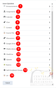 quick link menu options, listed below