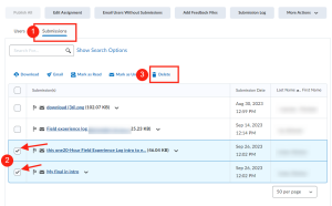 click: Submissions, Select files and Delete